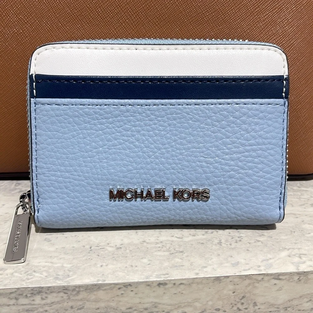 Michael Kors Jet Set Travel Medium Zip Around Color-Block Wallet Pale Blue Mult